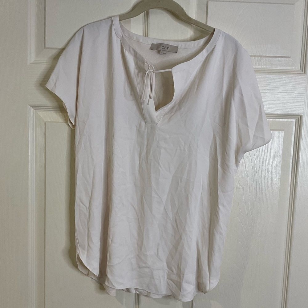 LOFT Mixed Media Cream Tie Neck Short‎ Sleeve Blouse Size Medium